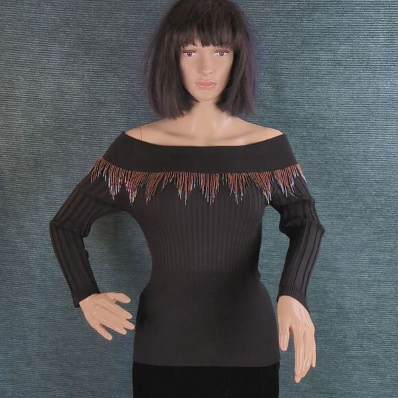 Vintage Bead Fringed Off Shoulder Sweater, SO BEAUTIFUL! - Picture 3 of 11
